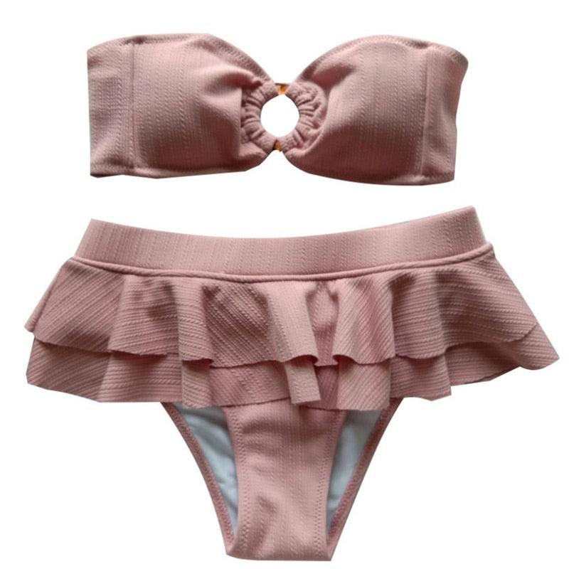 Swimsuit Women Ruffle Bikini Summer  Two Pieces Solid Pink Swimwear Push Up Bather Suit Women Charming Color Tummy Control Swimwear Plus Size Swim Dress Swimsuit Two Piece Bathing Suits
